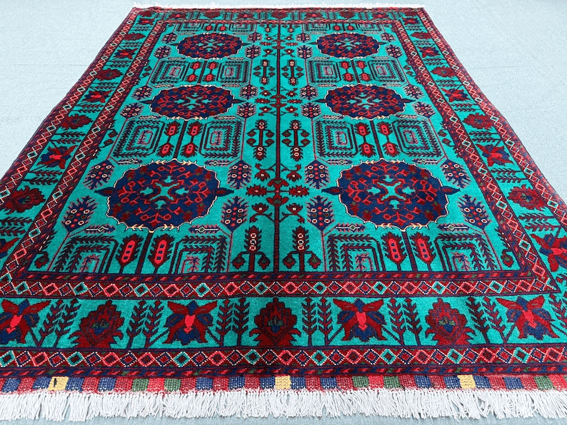 Handmade Turquoise and Red Rug,Luxurious Handmade Oriental Rug,Traditional Persian-Style Wool Rug,Afghan Living room rug,Turkish Area rug