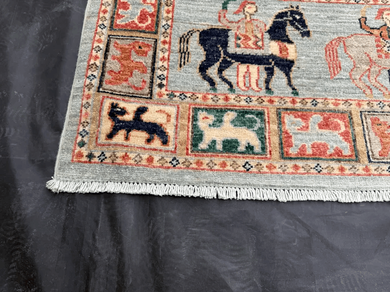 Handmade Persian Rug |Horse and Animal Motif Wool Carpet,Traditional Oriental Decor,Pazyryk Rug,Handwoven Horse Motif Rug,Unique Tribal Rug