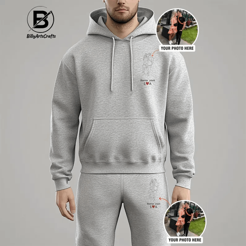 Custom Portrait from Photo Hoodie Joggers, Embroidered Couple Line Art Sketch Jumper & Joggers, Personalised Matching Hoodie and Sweatpants