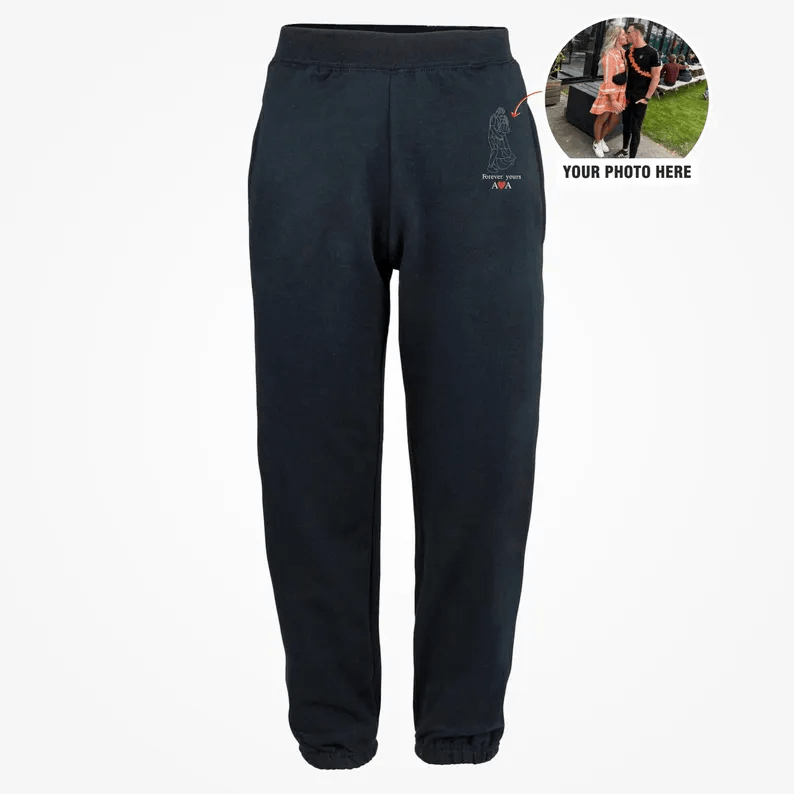 Custom Portrait from Photo Hoodie Joggers, Embroidered Couple Line Art Sketch Jumper & Joggers, Personalised Matching Hoodie and Sweatpants