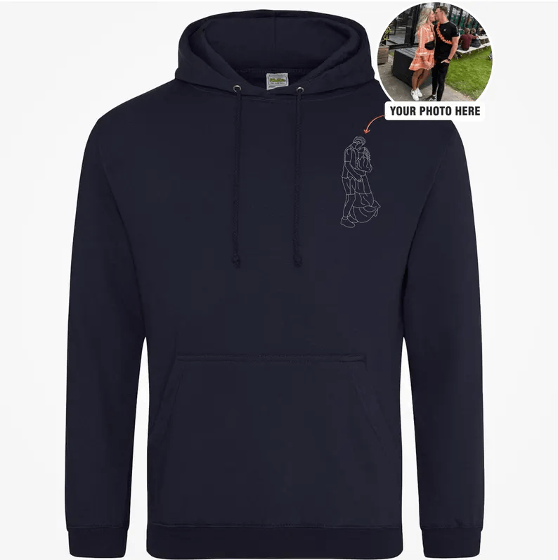 Custom Portrait from Photo Hoodie Joggers, Embroidered Couple Line Art Sketch Jumper & Joggers, Personalised Matching Hoodie and Sweatpants