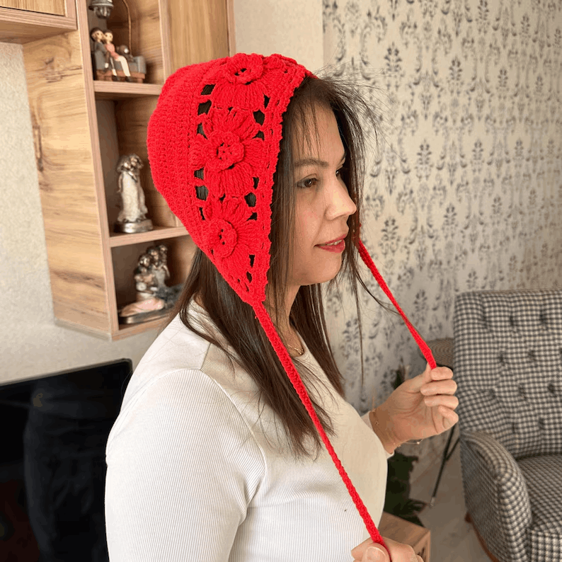 Crochet Granny Sguare Bonnet,Handmade Winter Warm Bonnet,Red Adult Bonnet, Costum Gift,Vintage Hood,Personalized Gift,Women Clothing