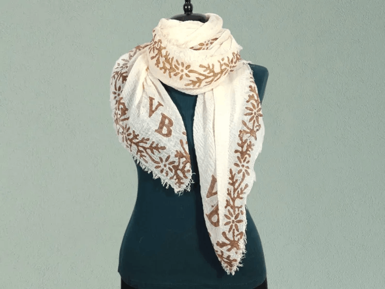 Custom Name Initials Shawl, Boho Vintage Scarf, Handmade Block Print Wrap, Mother's Day Gift, Lightweight Personalized Crinkle Cotton Shaw