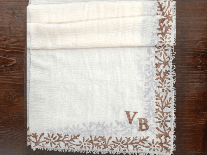 Custom Name Initials Shawl, Boho Vintage Scarf, Handmade Block Print Wrap, Mother's Day Gift, Lightweight Personalized Crinkle Cotton Shaw