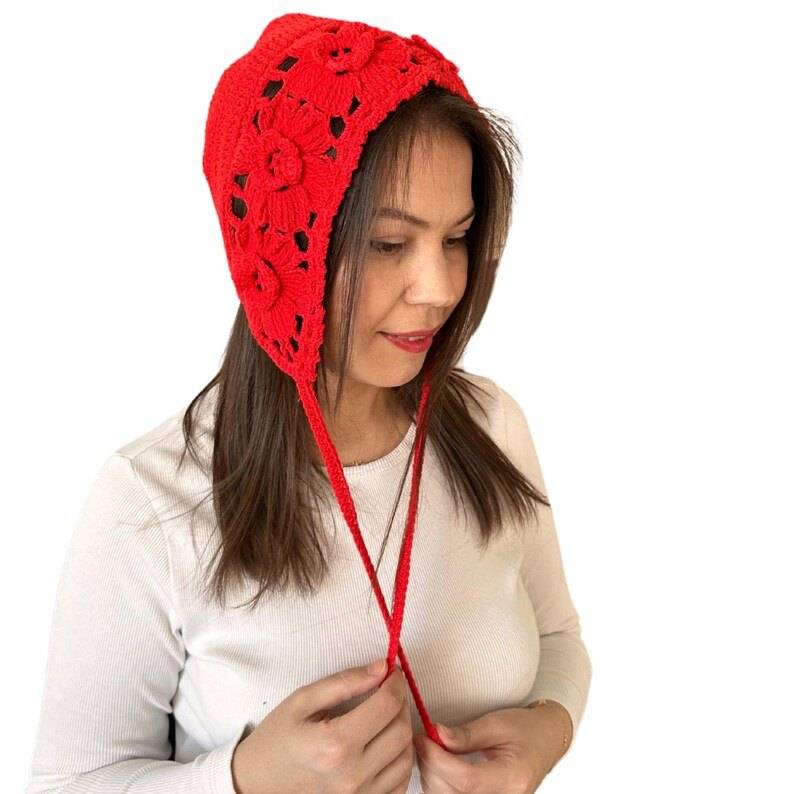 Crochet Granny Sguare Bonnet,Handmade Winter Warm Bonnet,Red Adult Bonnet, Costum Gift,Vintage Hood,Personalized Gift,Women Clothing