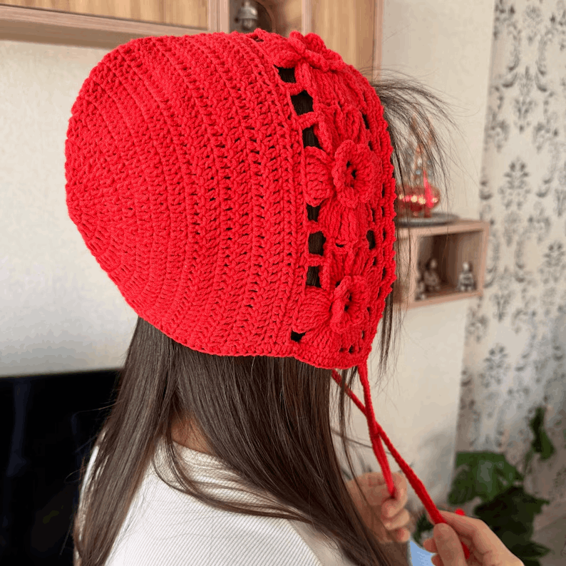 Crochet Granny Sguare Bonnet,Handmade Winter Warm Bonnet,Red Adult Bonnet, Costum Gift,Vintage Hood,Personalized Gift,Women Clothing