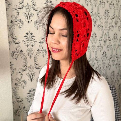 Crochet Granny Sguare Bonnet,Handmade Winter Warm Bonnet,Red Adult Bonnet, Costum Gift,Vintage Hood,Personalized Gift,Women Clothing