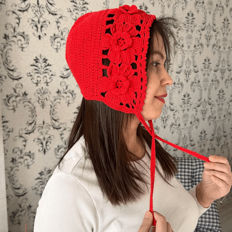 Crochet Granny Sguare Bonnet,Handmade Winter Warm Bonnet,Red Adult Bonnet, Costum Gift,Vintage Hood,Personalized Gift,Women Clothing