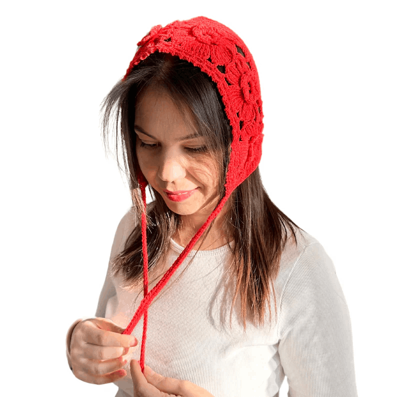 Crochet Granny Sguare Bonnet,Handmade Winter Warm Bonnet,Red Adult Bonnet, Costum Gift,Vintage Hood,Personalized Gift,Women Clothing