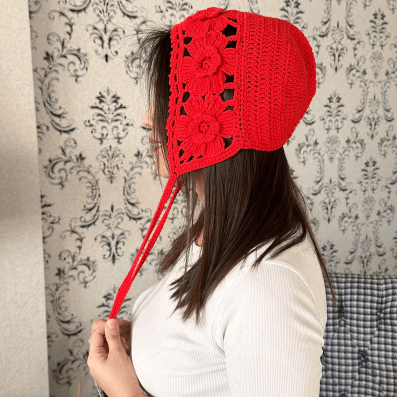 Crochet Granny Sguare Bonnet,Handmade Winter Warm Bonnet,Red Adult Bonnet, Costum Gift,Vintage Hood,Personalized Gift,Women Clothing
