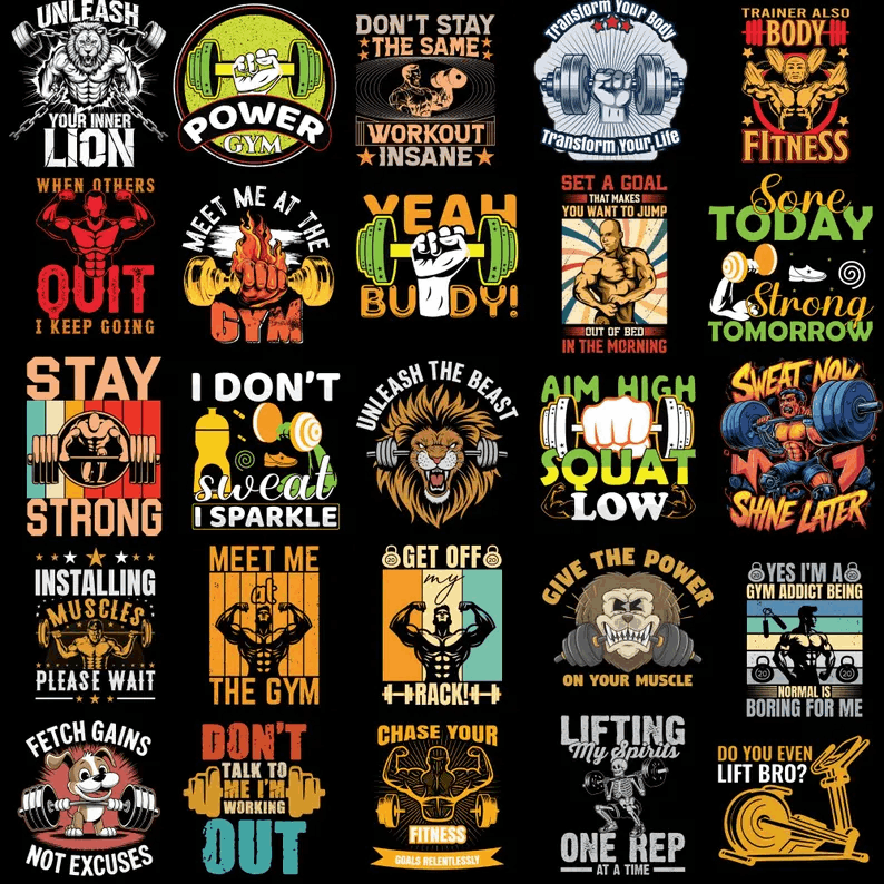 Gym design Mega Bundle | 200+ Workout Fitness PNG - SVG | Funky Skull gym T-Shirt Designs | Powerful Motivational Quotes | Fitness png - svg