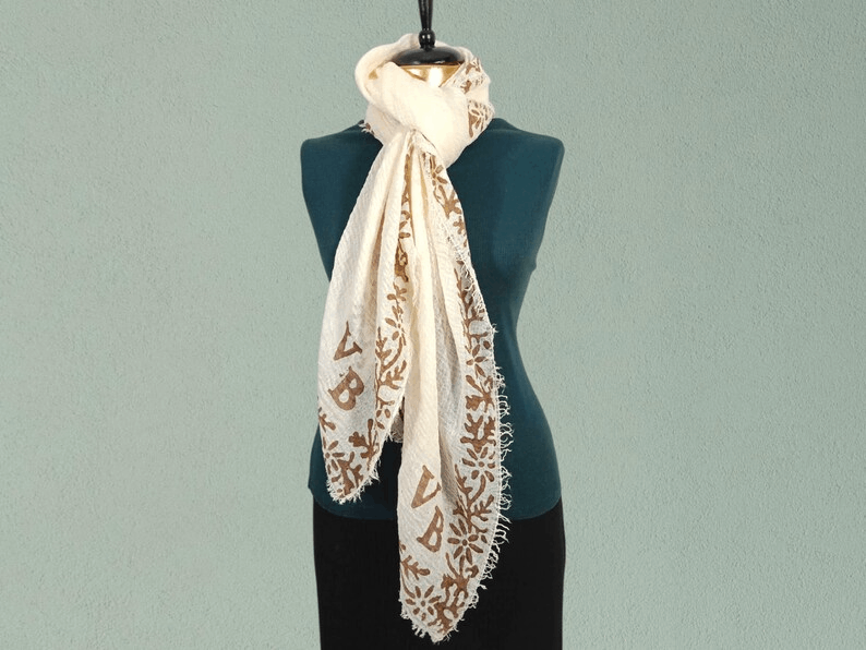 Custom Name Initials Shawl, Boho Vintage Scarf, Handmade Block Print Wrap, Mother's Day Gift, Lightweight Personalized Crinkle Cotton Shaw