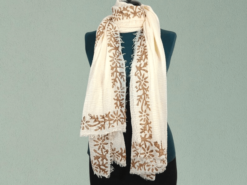 Custom Name Initials Shawl, Boho Vintage Scarf, Handmade Block Print Wrap, Mother's Day Gift, Lightweight Personalized Crinkle Cotton Shaw