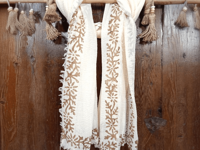 Custom Name Initials Shawl, Boho Vintage Scarf, Handmade Block Print Wrap, Mother's Day Gift, Lightweight Personalized Crinkle Cotton Shaw