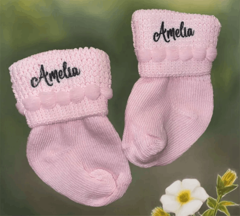 Pink, Blue OR White Newborn Socks with Name! Cute Baby Gift!