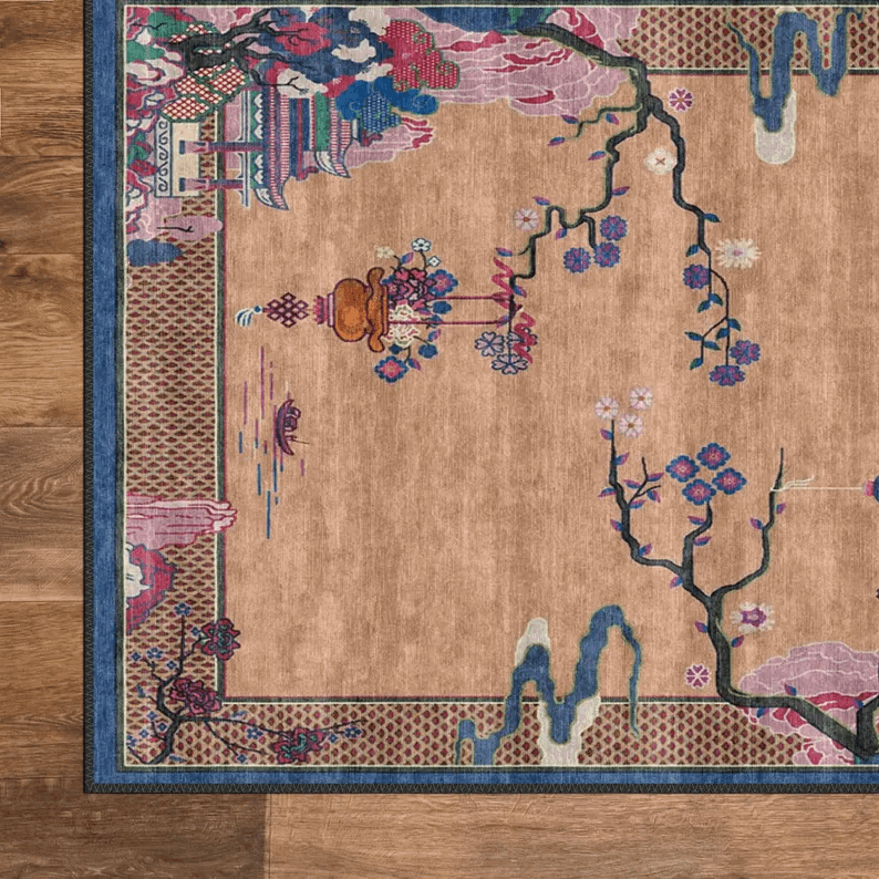 Chinese Art Deco Style Rug, Antique Look Teppich, Washable Non-Slip Area Rug, Turkish Distressed Large Rug, Rugs for Living Room Bedroom