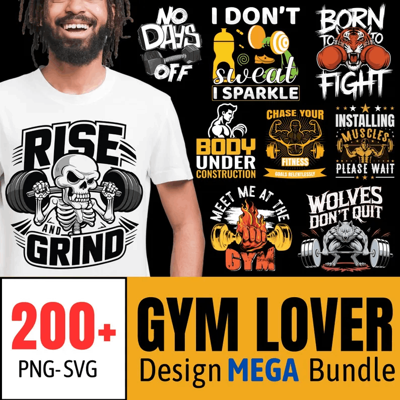 Gym design Mega Bundle | 200+ Workout Fitness PNG - SVG | Funky Skull gym T-Shirt Designs | Powerful Motivational Quotes | Fitness png - svg