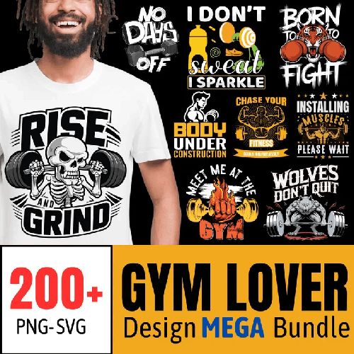 Gym design Mega Bundle | 200+ Workout Fitness PNG - SVG | Funky Skull gym T-Shirt Designs | Powerful Motivational Quotes | Fitness png - svg