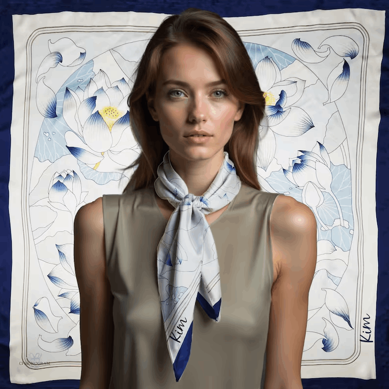 Élégante Écharpe en Soie – Motif Feuilles et Oiseaux