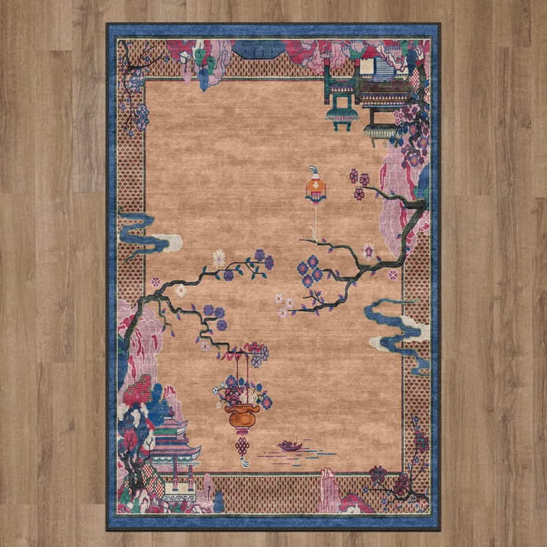 Chinese Art Deco Style Rug, Antique Look Teppich, Washable Non-Slip Area Rug, Turkish Distressed Large Rug, Rugs for Living Room Bedroom