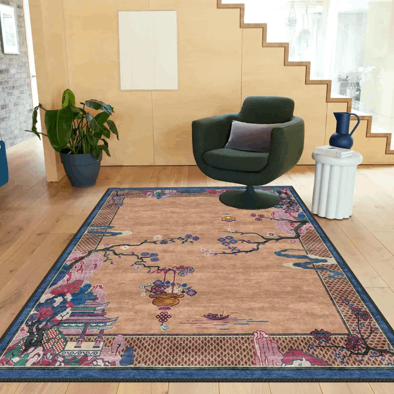 Chinese Art Deco Style Rug, Antique Look Teppich, Washable Non-Slip Area Rug, Turkish Distressed Large Rug, Rugs for Living Room Bedroom