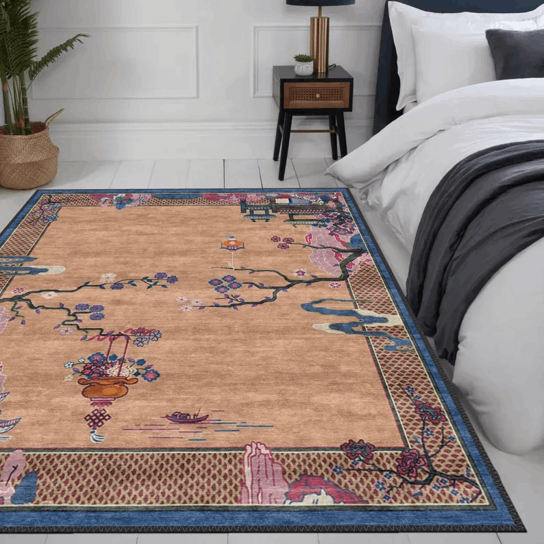 Chinese Art Deco Style Rug, Antique Look Teppich, Washable Non-Slip Area Rug, Turkish Distressed Large Rug, Rugs for Living Room Bedroom