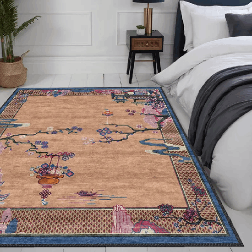 Chinese Art Deco Style Rug, Antique Look Teppich, Washable Non-Slip Area Rug, Turkish Distressed Large Rug, Rugs for Living Room Bedroom