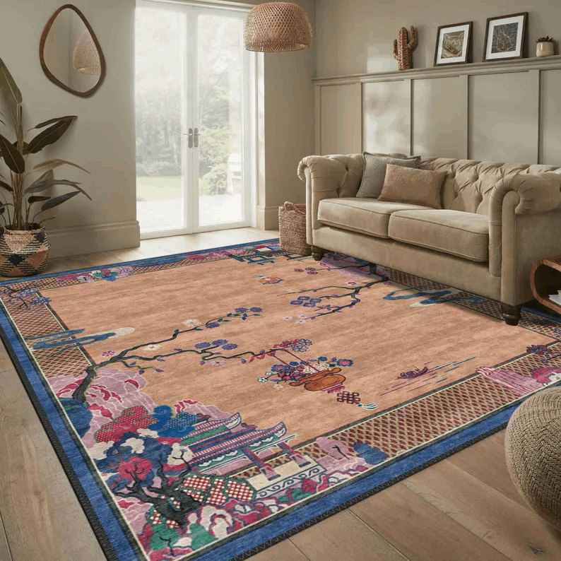 Chinese Art Deco Style Rug, Antique Look Teppich, Washable Non-Slip Area Rug, Turkish Distressed Large Rug, Rugs for Living Room Bedroom