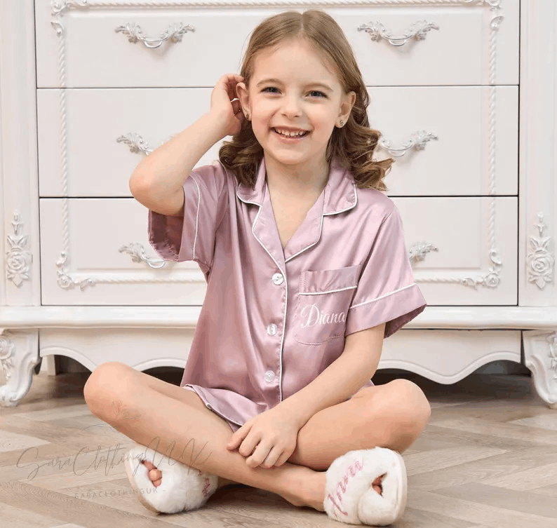 Personalized Flower Girl Pajamas , Custom Satin Pajama Set for Kids, Wedding Party Pajamas for Kids, Bridal Party Gifts
