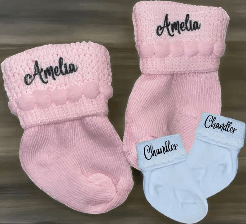 Pink, Blue OR White Newborn Socks with Name! Cute Baby Gift!