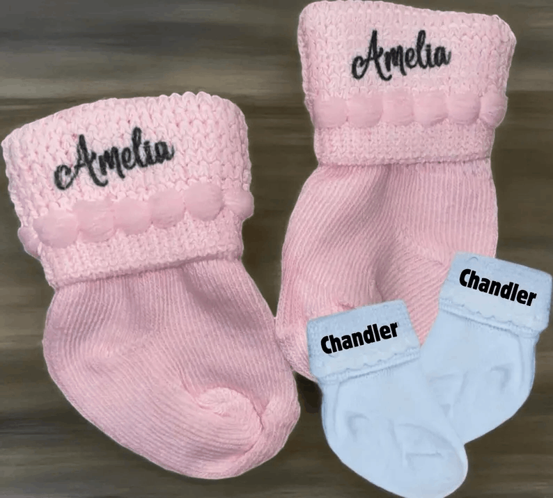 Pink, Blue OR White Newborn Socks with Name! Cute Baby Gift!