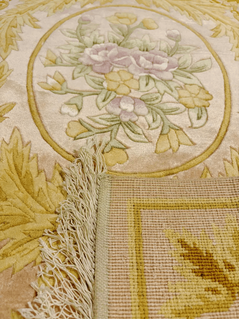 Handmade Silk Rug 48x30 Inches, Pure Silk Floral Baroque Design Pink and Gold Oriental Area Carpet Luxurious Home Decor, 120 Lines