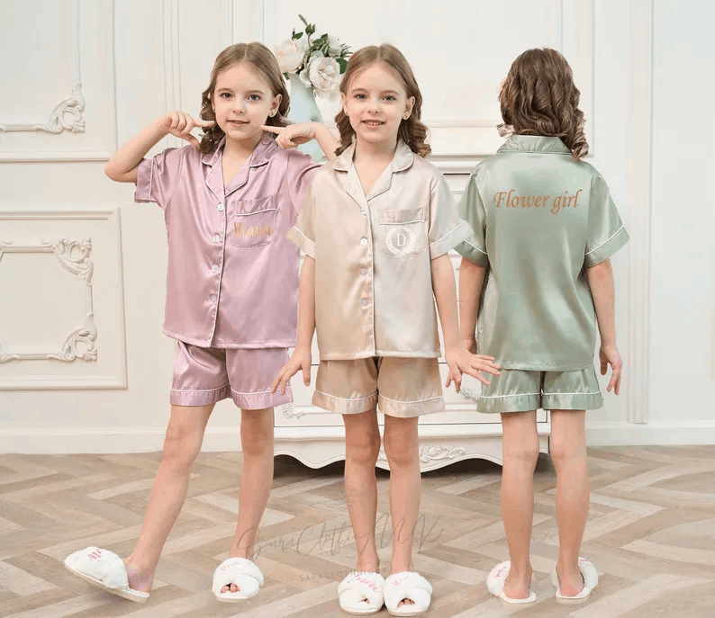Personalized Flower Girl Pajamas , Custom Satin Pajama Set for Kids, Wedding Party Pajamas for Kids, Bridal Party Gifts