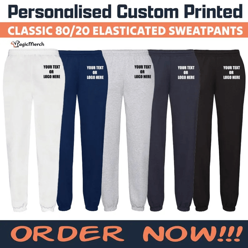 Printed Personalised Your Text Fruit of the Loom Classic 80/20 Elasticated Sweatpants Casual Work wear Gifts SS405