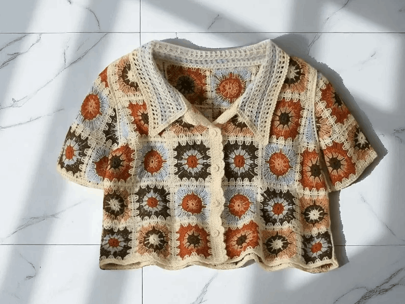 Retro Crochet Knit Cardigan | Colorblock Flower Crop Top | Summer Short Sleeve Sweater | Lapel Button Knitwear for Women