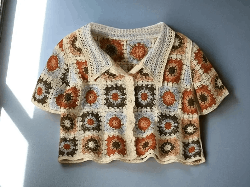 Retro Crochet Knit Cardigan | Colorblock Flower Crop Top | Summer Short Sleeve Sweater | Lapel Button Knitwear for Women