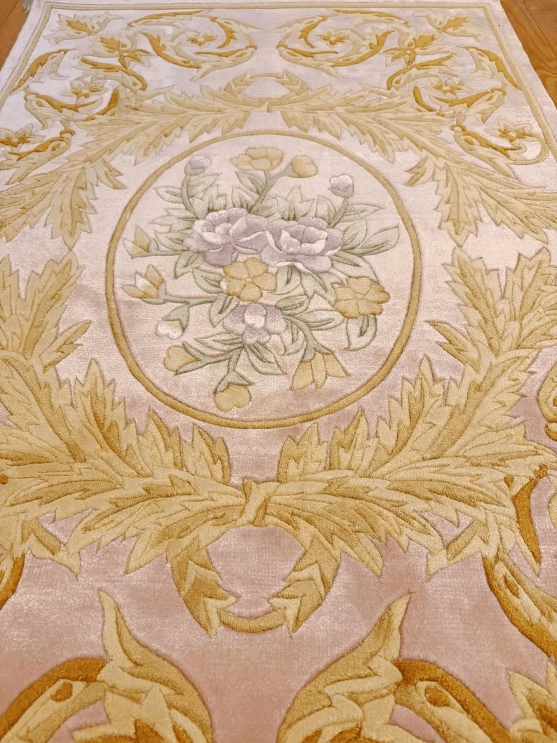 Handmade Silk Rug 48x30 Inches, Pure Silk Floral Baroque Design Pink and Gold Oriental Area Carpet Luxurious Home Decor, 120 Lines