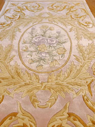 Handmade Silk Rug 48x30 Inches, Pure Silk Floral Baroque Design Pink and Gold Oriental Area Carpet Luxurious Home Decor, 120 Lines