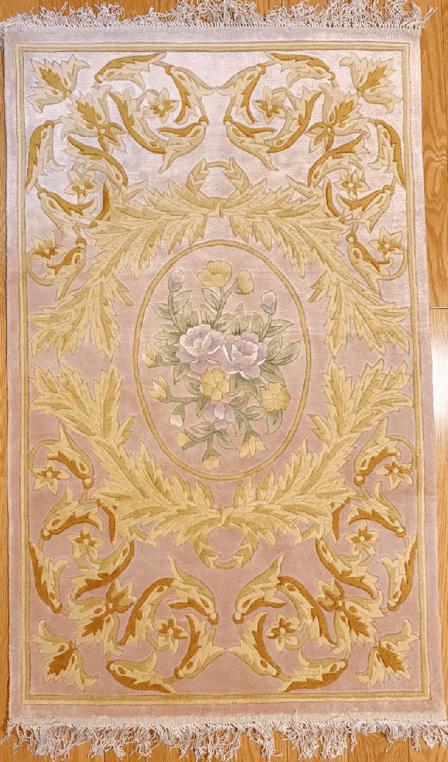 Handmade Silk Rug 48x30 Inches, Pure Silk Floral Baroque Design Pink and Gold Oriental Area Carpet Luxurious Home Decor, 120 Lines