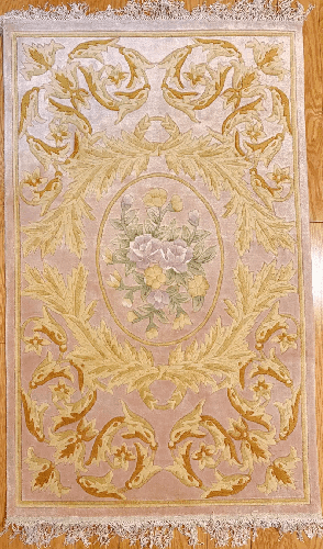Handmade Silk Rug 48x30 Inches, Pure Silk Floral Baroque Design Pink and Gold Oriental Area Carpet Luxurious Home Decor, 120 Lines