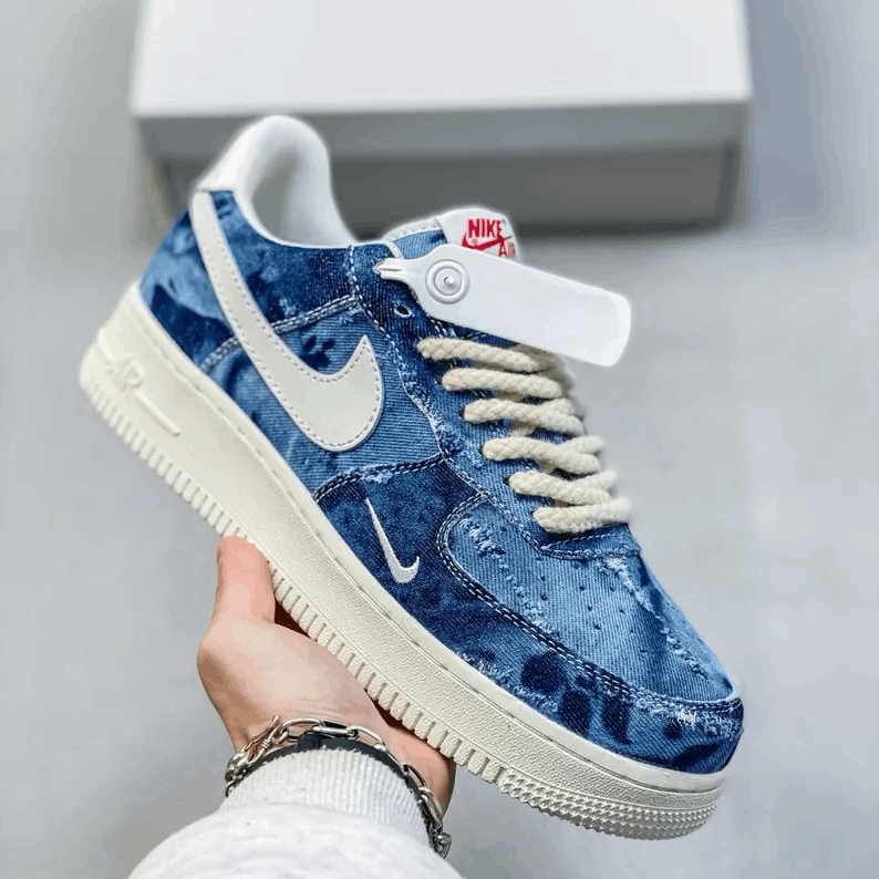 Custom Denim AF1 Sneakers – Handcrafted Jean Texture Air Force 1 Shoes – Unisex Streetwear – Personalized Inspired Gift