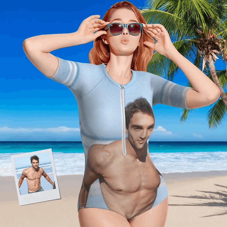 Custom Photo Swimsuit for Women, Personalized Half Sleeve One Piece, Full Back Print Swimwear, Summer Beach Gift for Her, Custom Swimsuit