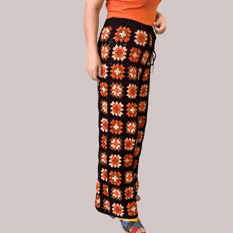 Handmade Crochet Granny Square Pants,Boho Wide Leg Retro Trousers,Colorful Festival Clothing,Hippie Style,Handmade Gift