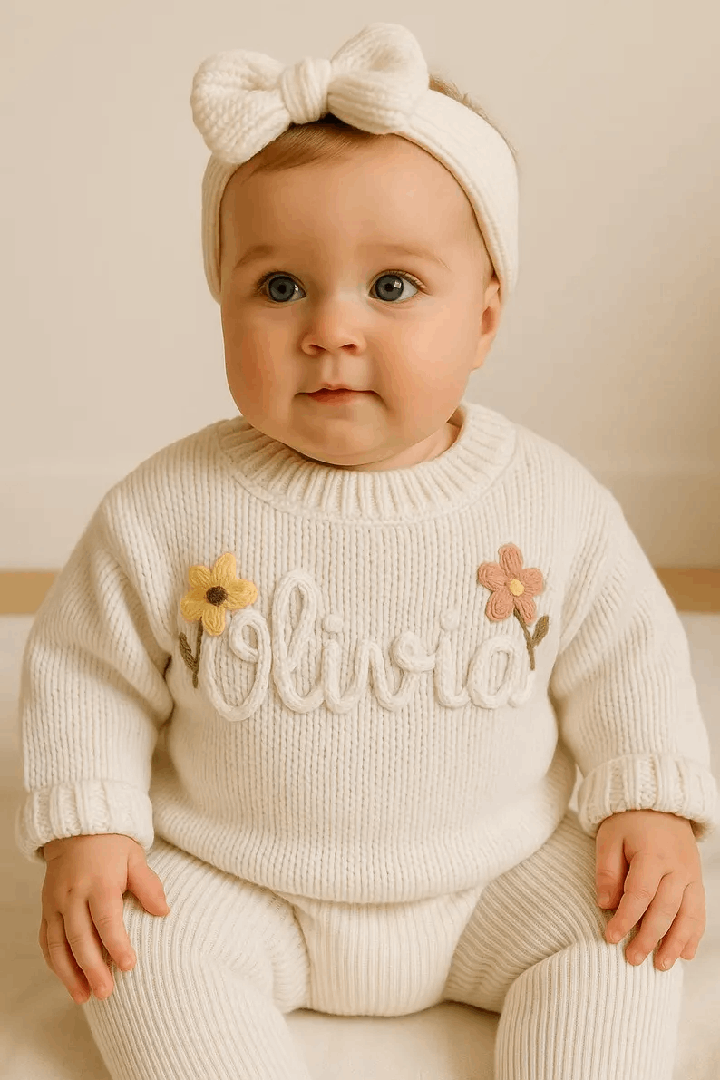 Personalized Baby Name Sweater, Custom Hand Embroidered Knitted Sweater, Toddler Sweater with Name, Baby Shower Gift, Newborn Baby Gifts