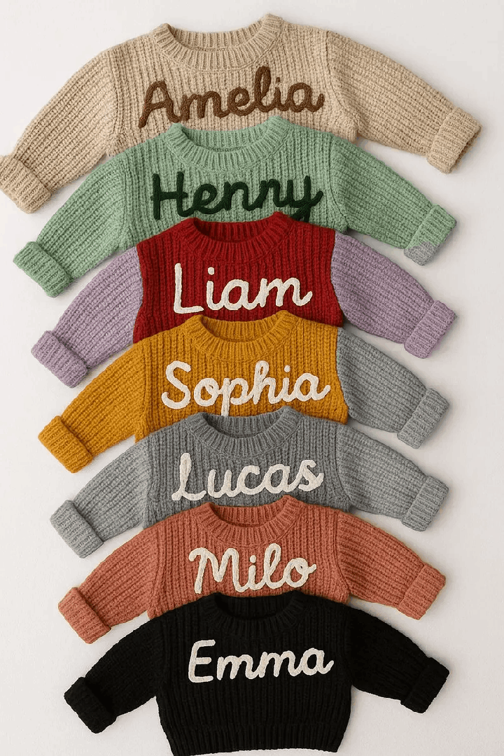 Personalized Baby Name Sweater, Custom Hand Embroidered Knitted Sweater, Toddler Sweater with Name, Baby Shower Gift, Newborn Baby Gifts