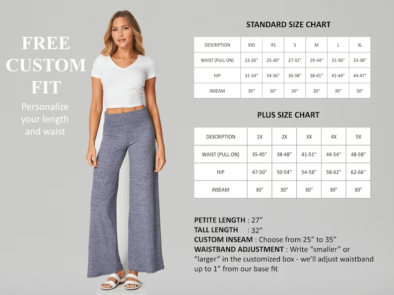 Custom Made Buttery Soft Wide Leg Pull on Pants, Palazzo, Yoga Pants, Available in Petite, Plus, Tall