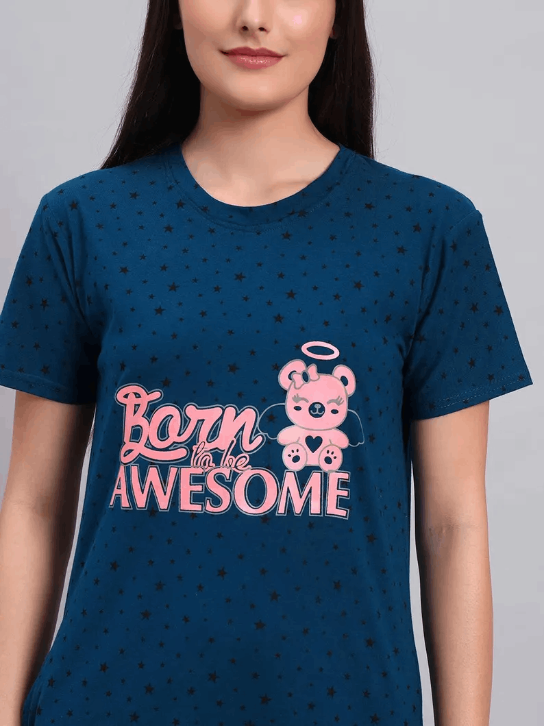 Teal Blue Lounge Dress Printed with Adorable Teddy Bear Women Nightdress Comfy Sleepwear