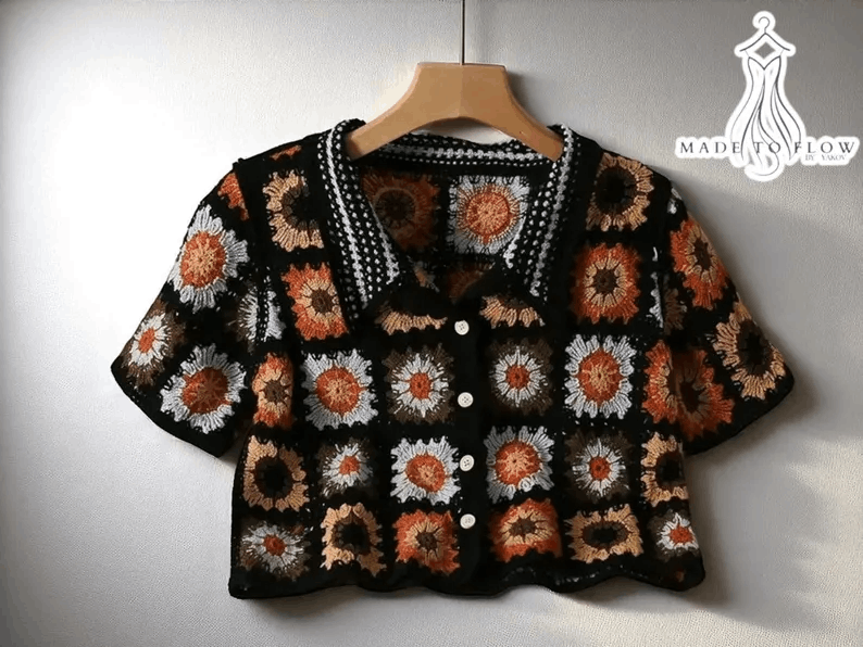 Retro Crochet Knit Cardigan | Colorblock Flower Crop Top | Summer Short Sleeve Sweater | Lapel Button Knitwear for Women