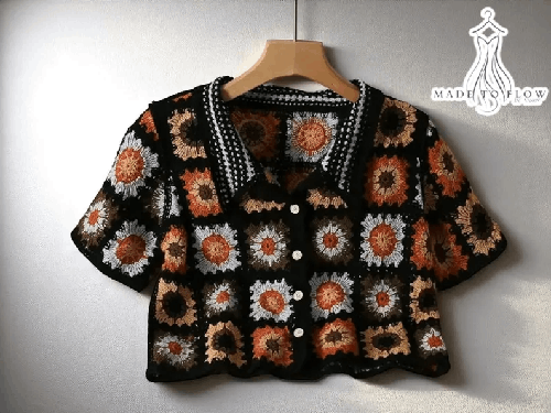 Retro Crochet Knit Cardigan | Colorblock Flower Crop Top | Summer Short Sleeve Sweater | Lapel Button Knitwear for Women