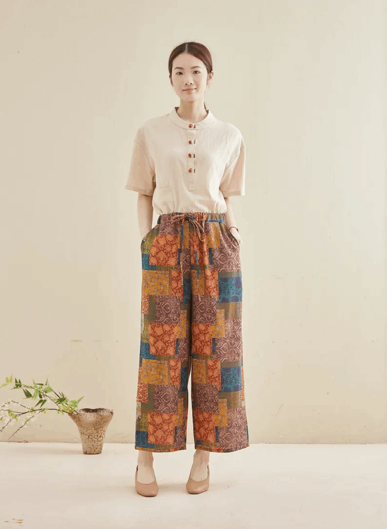 Printed Pants Summer Floral Cotton Pants Wide Leg Loose Pants Custom Enlarged Pants, Unique Prints, Personality And Novel Pants